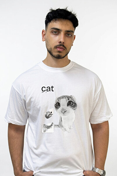 Anetos Halftone Cat Design Printed Oversize White T-Shirt
