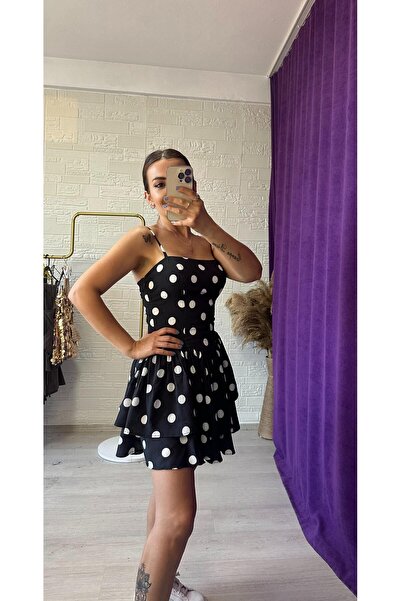 Derya Akyol فستان نسائي أسود وأبيض منقط بياقة مربعة وحزام من القماش