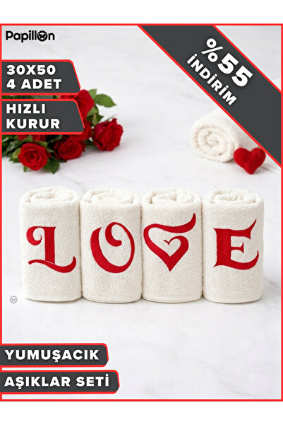 Papillon LOVE Desenli Dekoratif Misafir Havlusu 4’lü Set Çeyiz ve Hediye İçin