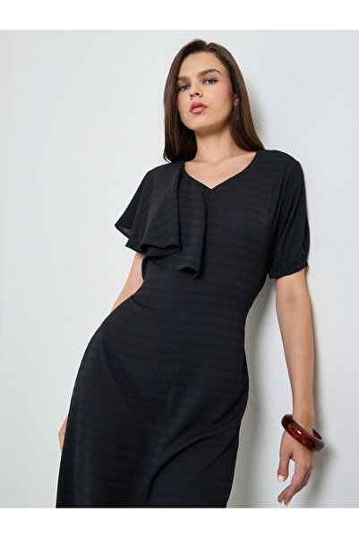 Maxim Creation By Styli Black Textured Knee Length Dress with Frill Detail