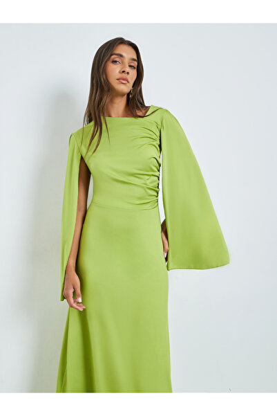 Styli Green Asymmetric Neck Maxi Dress with Cape Sleeves