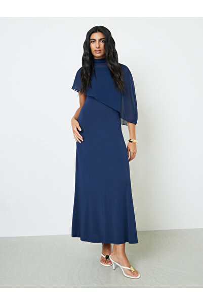 Styli Dark Blue Sleeveless Maxi Dress with Chiffon Cape