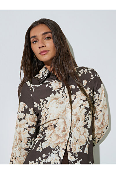 Styli Brown Floral Print Long Sleeve Shirt