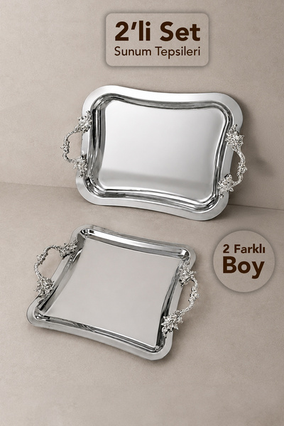 Meleni Home Set de tăvi cu mânere argintii - 2 tăvi de cafea pentru servire, ...