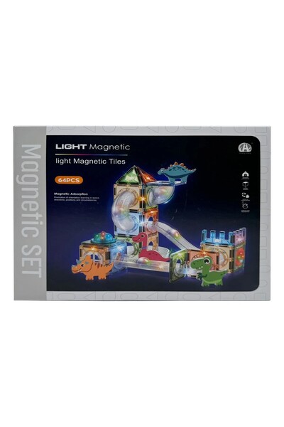 Magnetic Light Tiles 64 Parça Işıklı Manyetik Dinozor ve Top Parkuru Seti