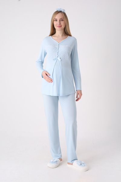 ERDENİZ TEKSTİL Lace Embroidered Baby Blue Maternity & Postpartum Pajama Set