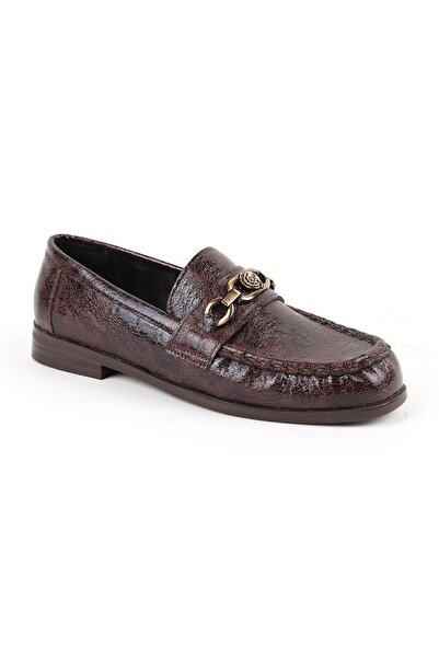 Libero Women's Loafer Shoes Shiny Crocodile Patterned Rose Figured Metal Buck...