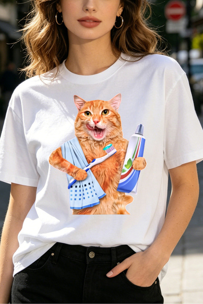 Fleck Womens T Shirts Cat With Toothbrush And Toothpaste Graphic Print Casual...
