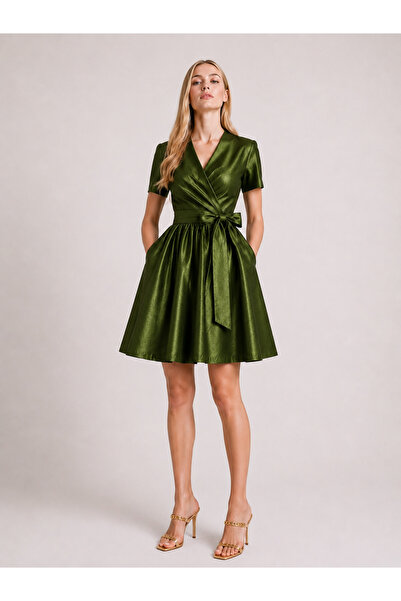 UNTIMELY Double-Breasted & Belted Olive Green Taffeta Short Dress
