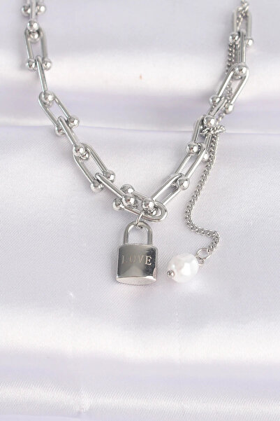 ALKASAZ 316L Steel Chain Silver Color Chain Love Written Lock Necklace