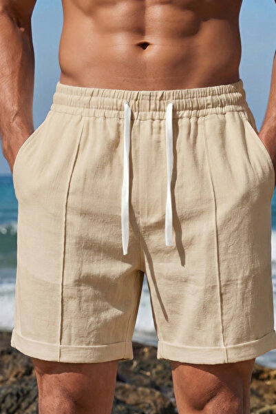 BLUE STREET Men's 100% Linen Elastic Lace-Up Summer Shorts – Comfortable Fit ...
