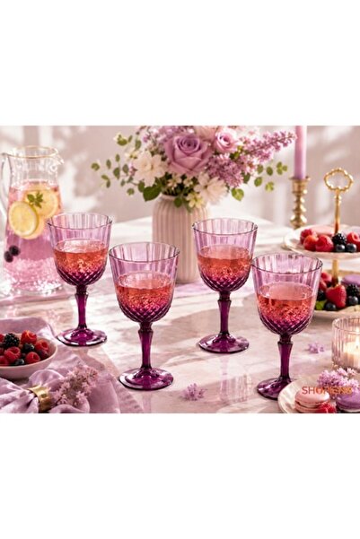 SHOPIENS Set de 4 pahare iconice cu picior violet, fabricate din sticlă, 310m...