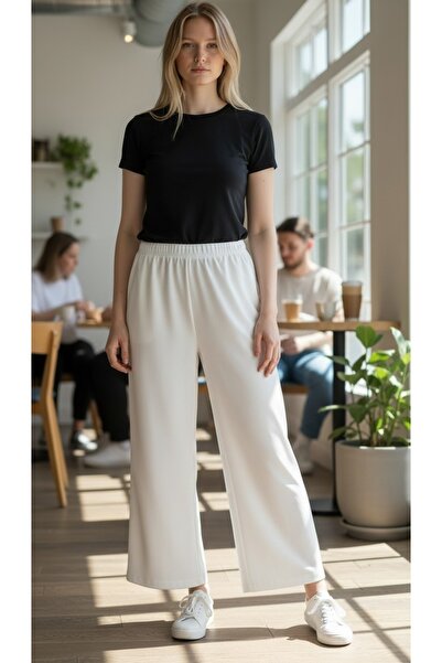 DİĞER1111 Minimal Beli Lastikli Beyaz Astarlı Likralı Pantalon