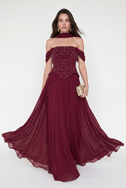 Lafaba Kadın Bordo Şal Yaka Peplum Detay Uzun Şifon Abiye Elbise