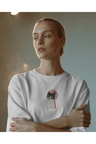buzagi tasarım ürünleri Cat Keyhole Unisex White Oversize T-Shirt
