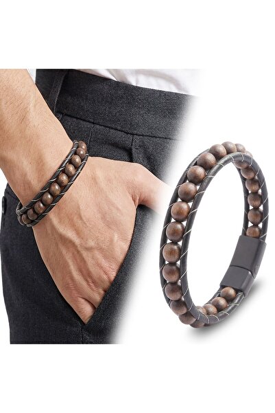 OGHAMAY 8mm Walnut Wood Leather Bracelet 18392B2D8M29