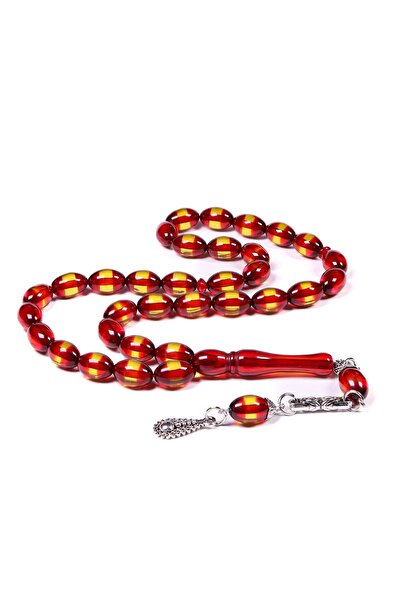 TESBİHKENTİ Red Yellow Vermilion Powder Amber Prayer Beads with Wooden Box