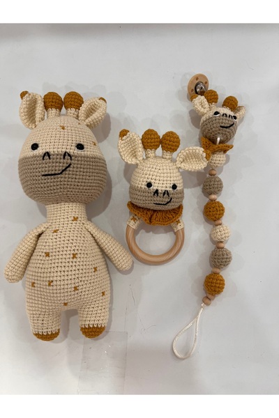 TOIVOS El Örgüsü Zürafa Set | Amigurumi + Çıngıraklı Diş Kaşıyıcı + Emzik Zin...