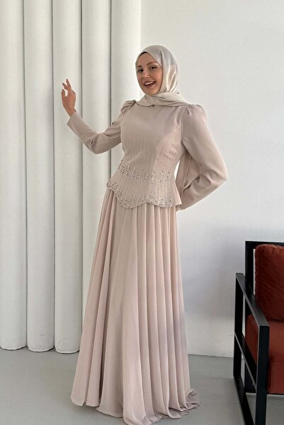 Modaensarbutik Korsaj Görünümlü Taş İşlemeli Tesettür Abiye-TAŞ