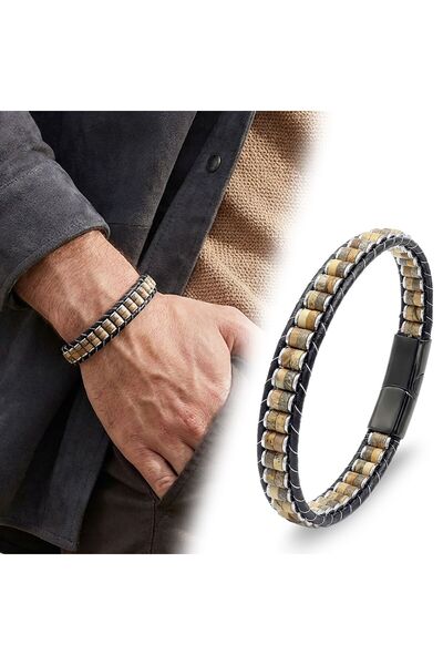 OGHAMAY Odun Jasper & Hematite Steel Braided Leather Bracelet 18392B22D8