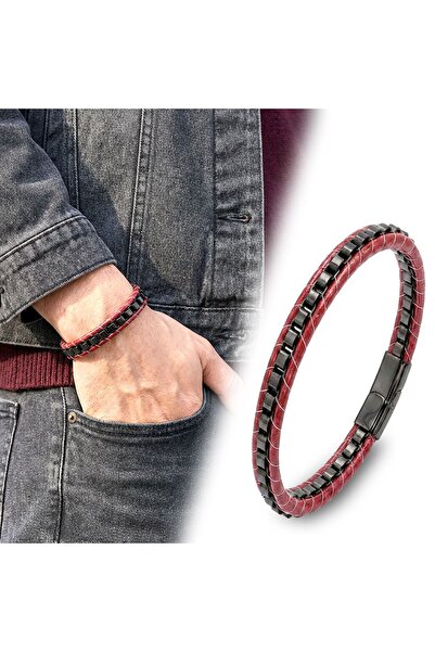 OGHAMAY Black Steel Chain Braided and Red Leather Men's Bracelet 18394B24D2