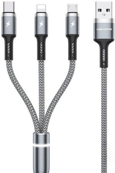 WK Σειρά Πλεκτό Καλώδιο USB σε Lightning / Type-C / micro USB 1.2μ 2.4Α Γκρι ...