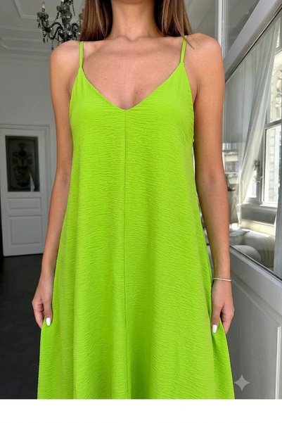 ORZUQLIFE Aerobin Fabric Adjustable Strap Long Pistachio Green Dress