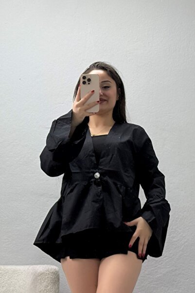 BELENDİR Women's Poplin Buttoned Shirt Jacket Black