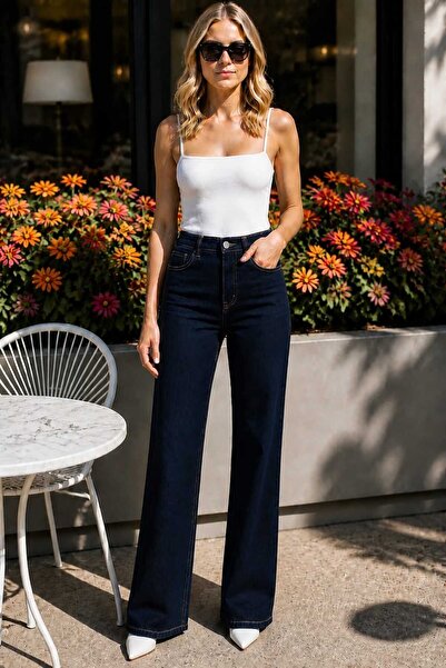 we-rayss Yüksel Bel Likralı Geniş Paça Kadın Kot Jeans - Lacivert Pantolon