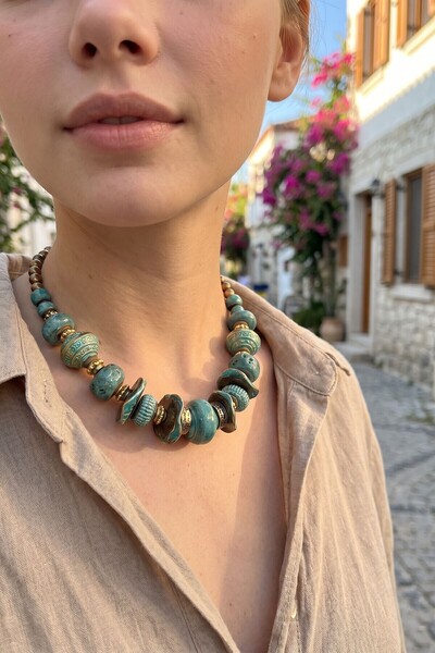 bacc Green Colored Natural Stone Patterned Handmade Ethnic Bohemian Necklace