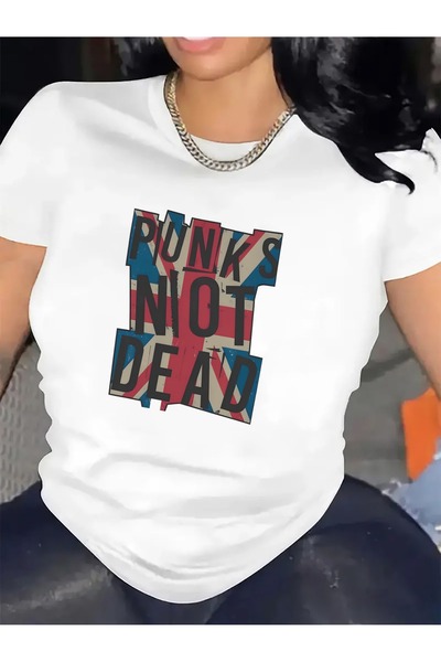 17TAKI تي شيرت بأكمام قصيرة مطبوع عليه عبارة Punk Not Dead من الألياف للارتدا...
