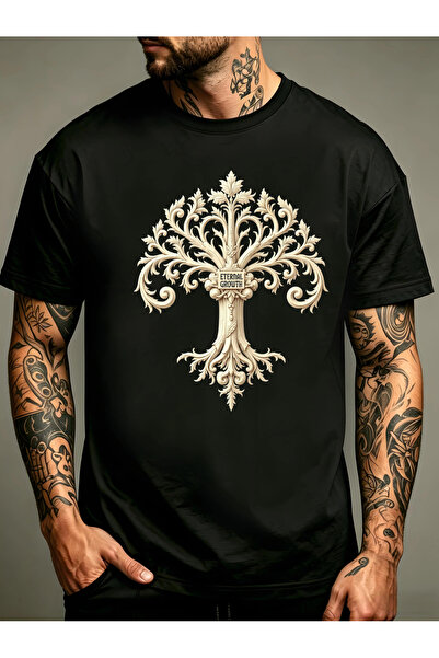 17TAKI Ornate Design Eternal Growth Text Men's Crewneck T-Shirt Loose Fit 100...