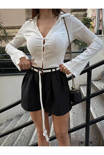 Cool & Sexy Black High Waist Rope Belt Detailed Pleated Women's Shorts