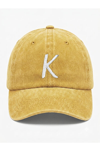 ŞapkaMania Yellow Embroidered Washable Vintage Unisex Hat with Letter K