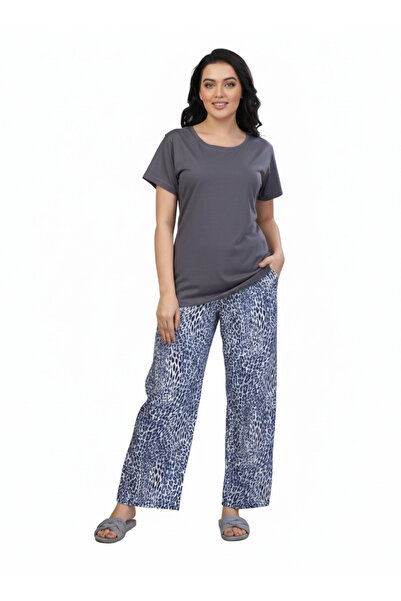 RIZQE Grey Leopard Print | Rayon Cotton T-Shirt Pajamas Set | Loungewear Nigh...