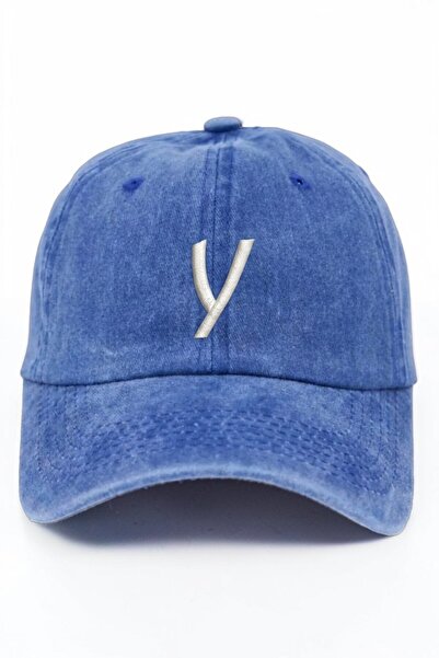 ŞapkaMania Saks Blue Embroidered Washable Vintage Unisex Hat with Letter Y