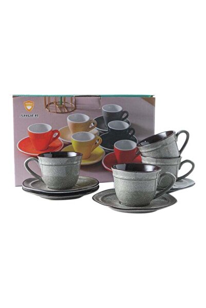 Shuer 8-Piece Ceramic Cup And Saucer Grey 200ml