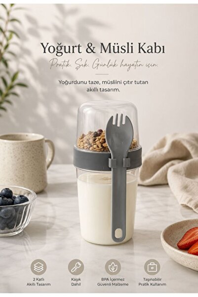 Store HGY Home Kaşıklı Yoğurt ve Müsli Kabı - Taşınabilir 2 Katlı Atıştırmalı...