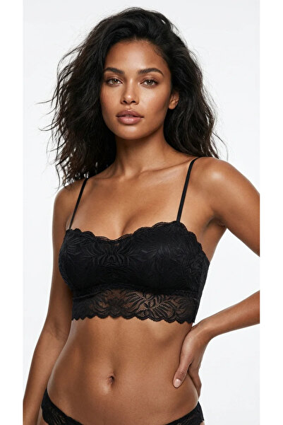 lunaintim Siyah Dantelli Longline Bralet - Ceket İçi Crop Büstiyer ve Boş Kap...