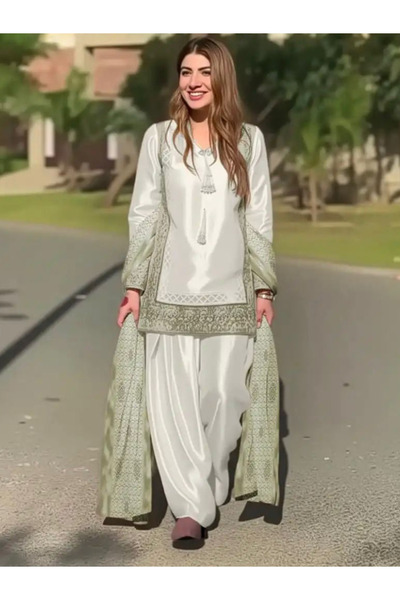 MYSMAR White Natural Silk Embroidered Palazzo Set - HRT8738 | White