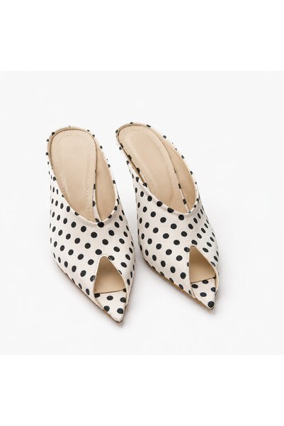 SHOELUKS Heeled Ecru Black Polka Dot Slippers