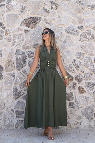 bytugcekaya Khaki Gold Buttoned Neck Tie Dress