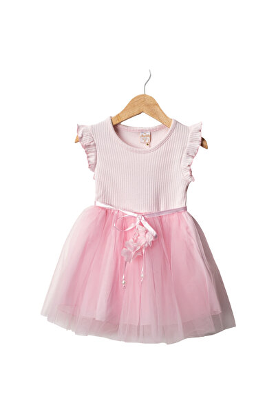 LENDASHOP Girl's Cotton Fabric Tulle Dress with Ruffle Sleeves, Ages 2-5