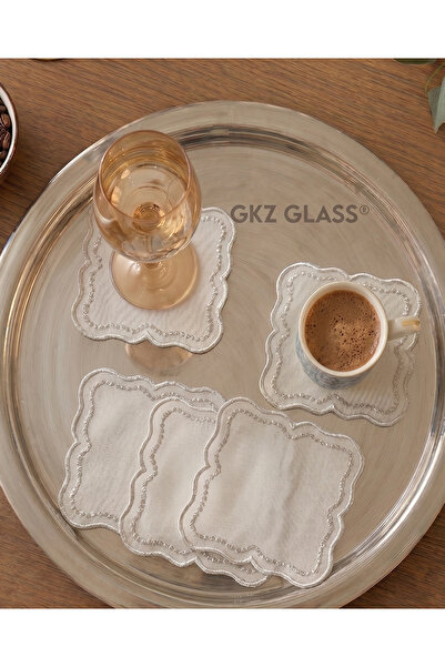 gkzglass home dekor 6 Adet Keten Kumaş Üzeri Nakışlı Kahve Yanı Kokteyl Peçet...