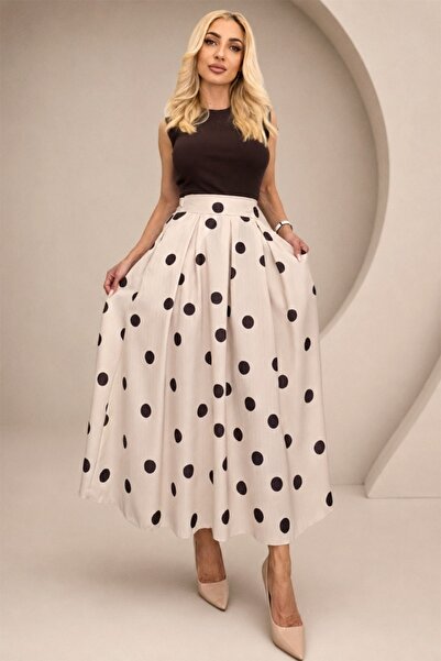 FashionForYou Fustă lungă cu buline Petronela, fundă în talie și buzunare, Cr...
