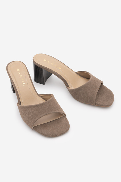 Marjin Women's Blunt Toe Banded Thick Heeled Slippers Deyola Brown Suede