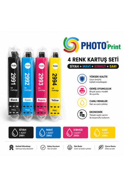PHOTO PRİNT Epson XP-255 İle Uyumlu 29XL Muadil Kartuş Seti – 4 Renk