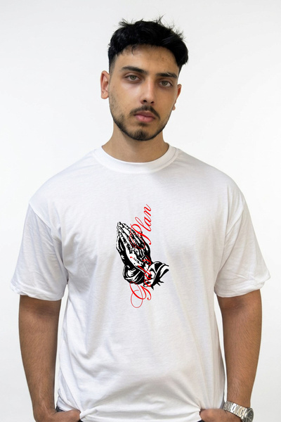 Anetos Tricou alb supradimensionat cu imprimeu Praying Hands Design