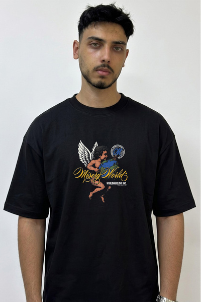 Anetos Cherub Globe Design Printed Oversize Black T-Shirt