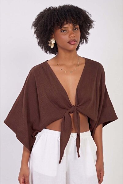 BARRELS AND OIL Women's Tie-Front Crop Blouse - Brown